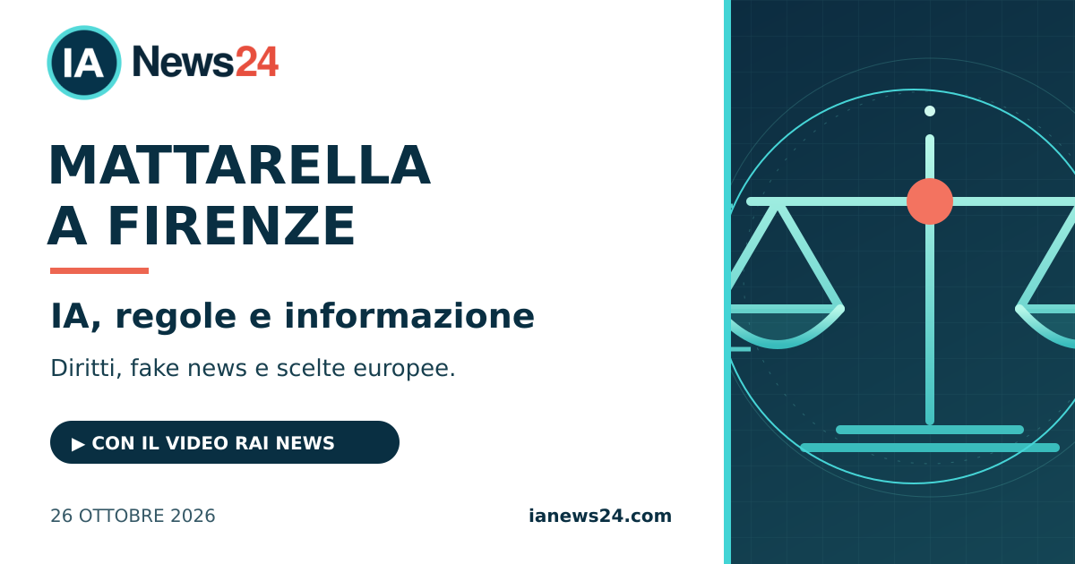 Mattarella, IA e informazione: grafica editoriale con bilancia e circuiti digitali